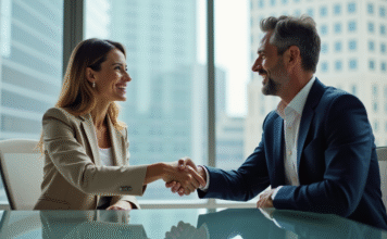 Collaboration entre marques : fonctionnement et avantages expliqués Deux professionnels d'affaires se serrent la main dans un bureau moderne
