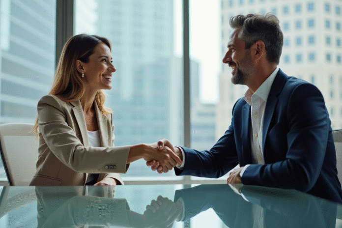 equipe-business-serrure-main Deux professionnels d'affaires se serrent la main dans un bureau moderne