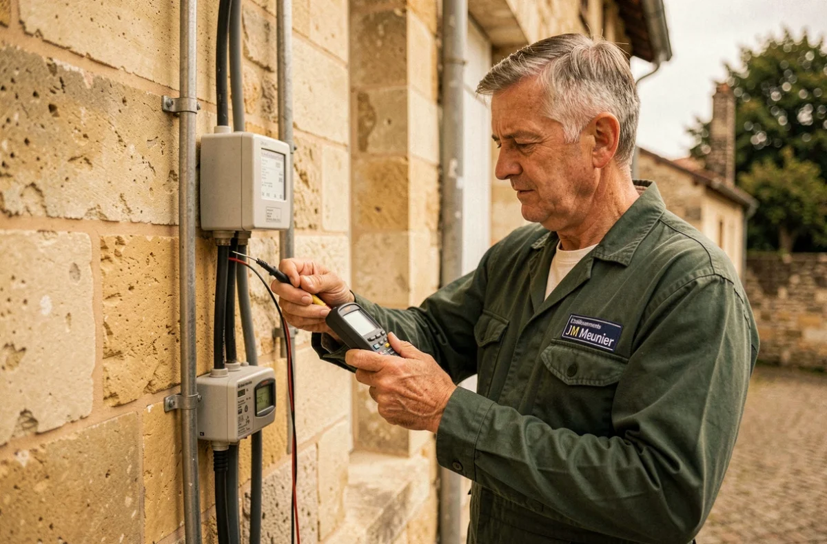 Électricien des Etablissements JM Meunier inspectant une installation extérieure sur un bâtiment en tuffeau près de Tours
