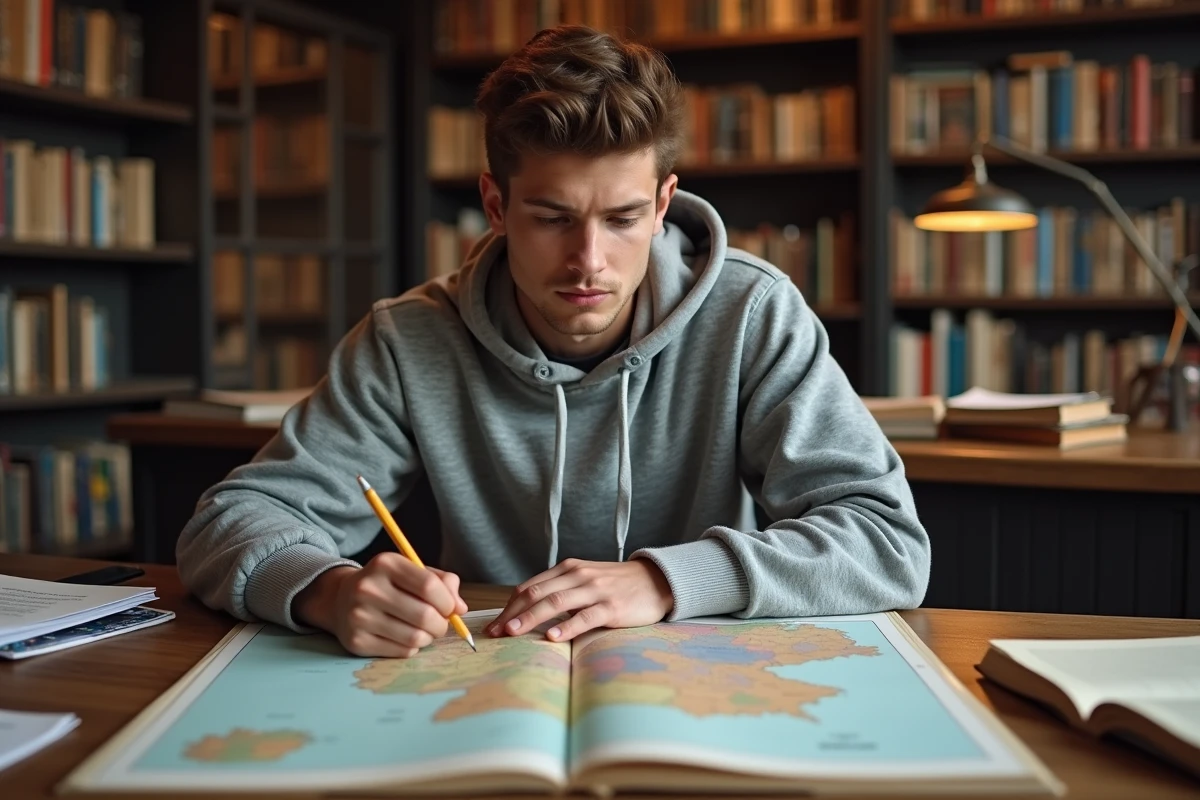 Étudiant universitaire annotant une carte géographique de l'Allemagne réunifiée dans une bibliothèque