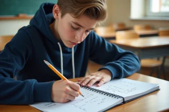 Étudiant adolescent écrivant des conversions millilitres en litres dans un cahier scolaire avec tableau imprimé