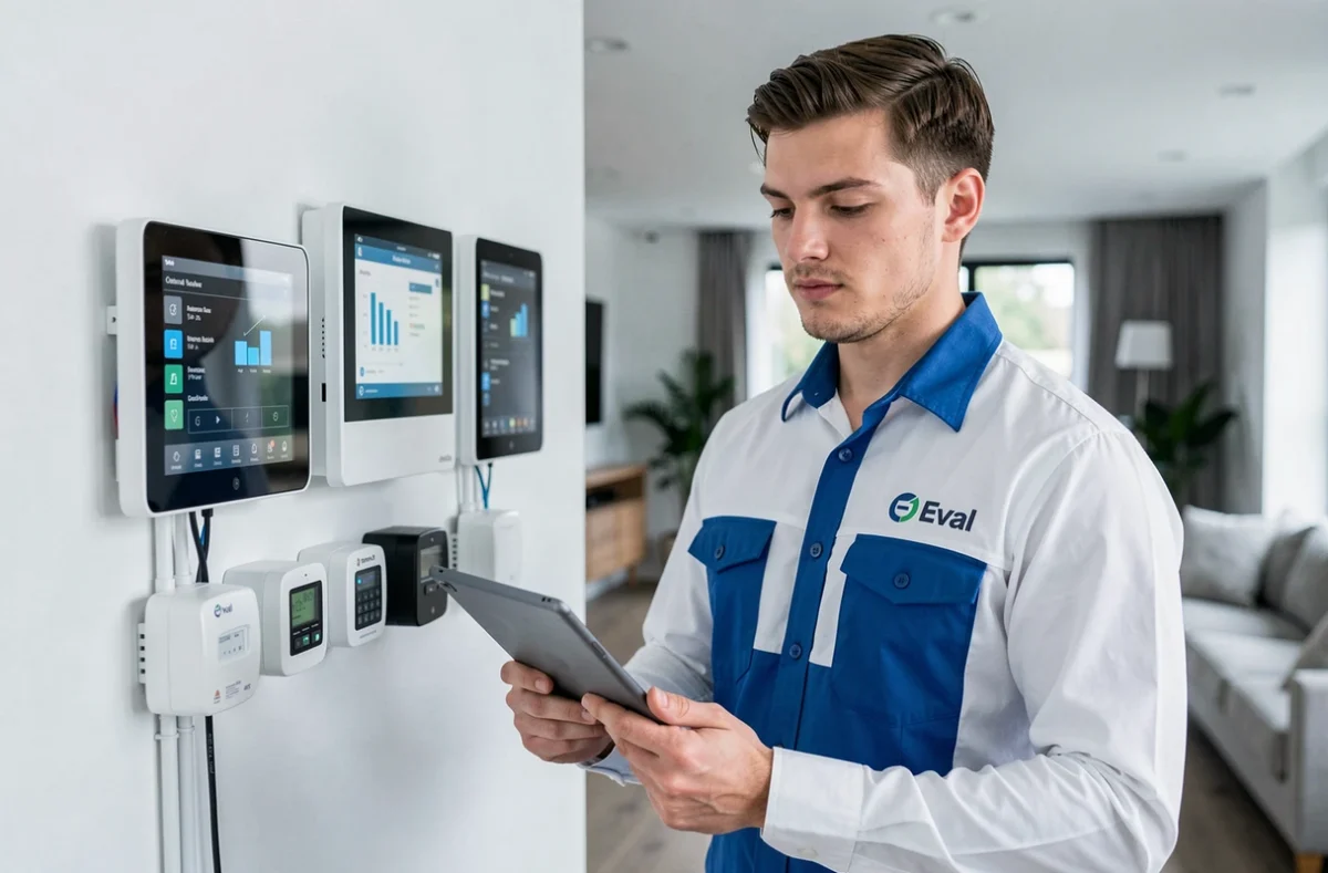 Technicien d'Eval configurant une installation domotique dans une maison contemporaine à Tours