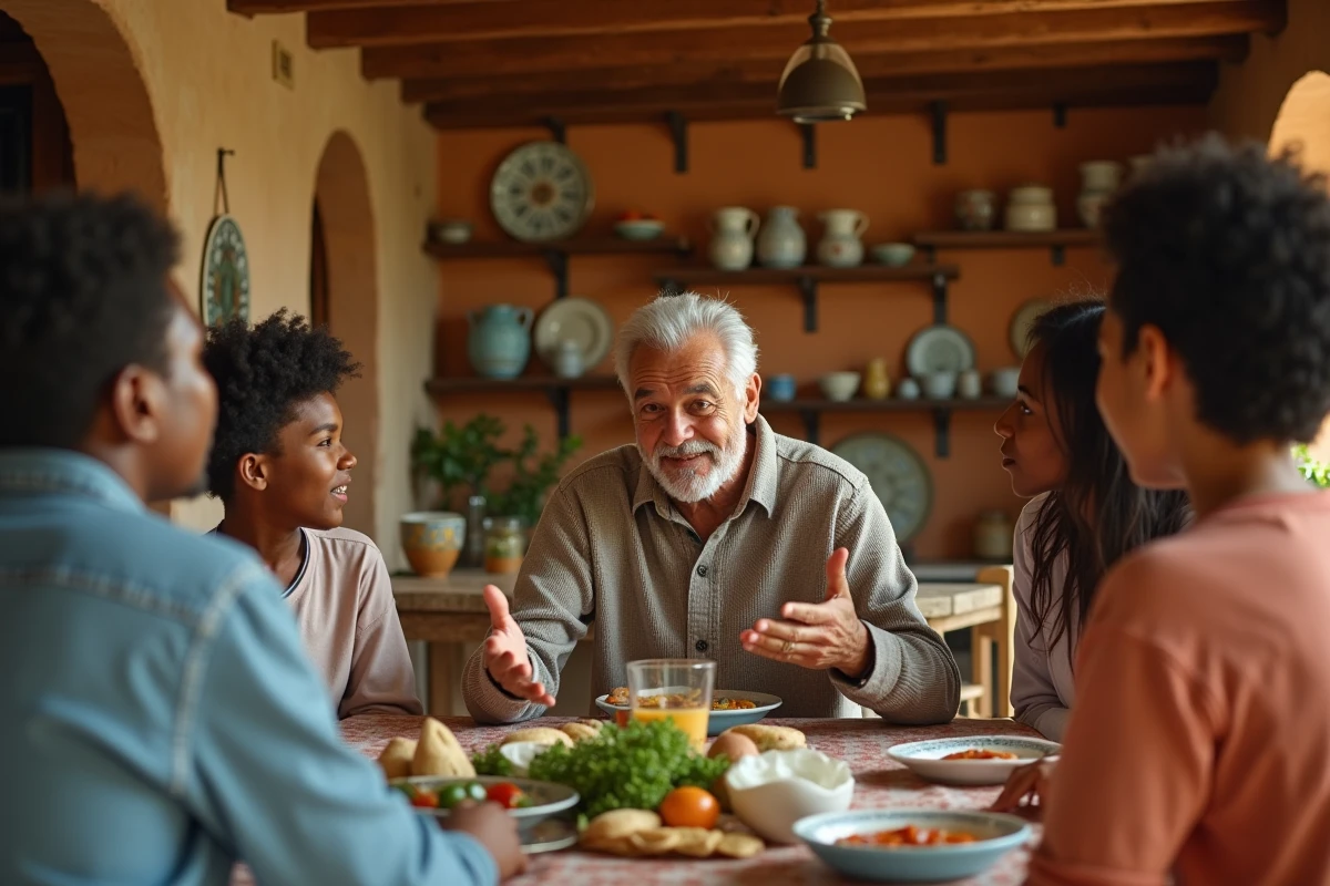 Famille française réunie autour d'un repas dans une cuisine provençale traditionnelle évoquant les racines méditerranéennes