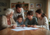 Héritage enfants famille recomposée : part et droits successoraux Famille multigeneration réunie autour d'une table à manger chaleureuse