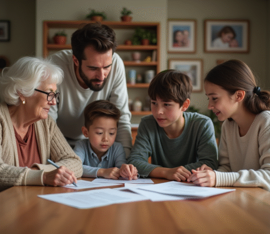 Héritage enfants famille recomposée : part et droits successoraux Famille multigeneration réunie autour d'une table à manger chaleureuse