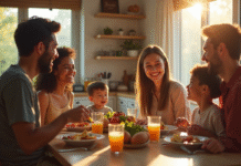 Famille multiculturelle partageant un repas convivial dans la cuisine