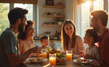Famille diversifiée : les particularités et la richesse de notre foyer Famille multiculturelle partageant un repas convivial dans la cuisine