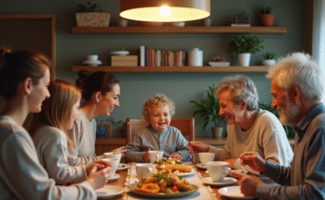 Importance du temps en famille : pourquoi le passer ensemble ? Famille multigenerational partageant un repas convivial