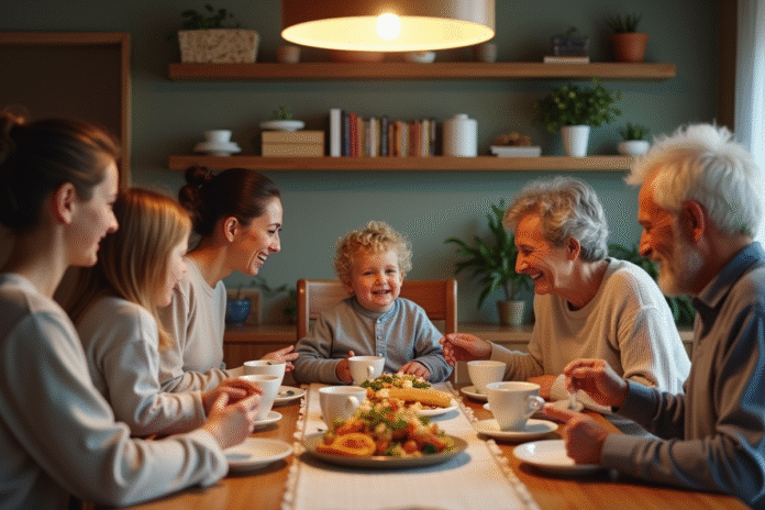 famille-reunion-diner Famille multigenerational partageant un repas convivial
