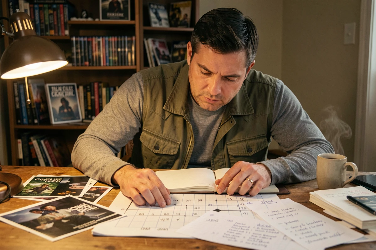 Fan de films Resident Evil prenant des notes sur une timeline chronologique des films de la franchise à son bureau, entouré de Blu-rays et documents imprimés
