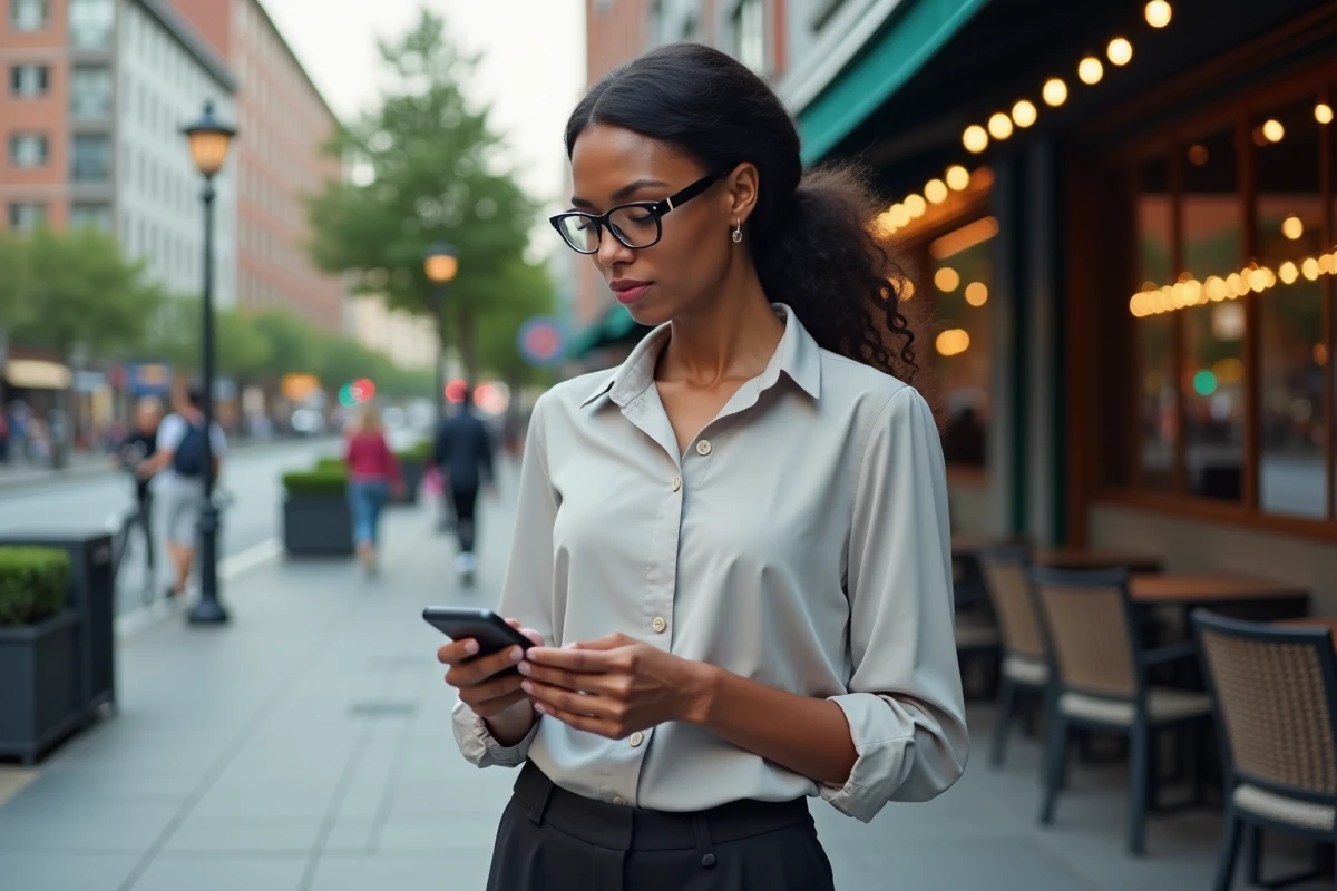 Femme africaine vérifie son téléphone dans un café urbain