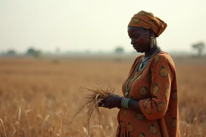 Femme africaine en robe traditionnelle examine des cultures fanées