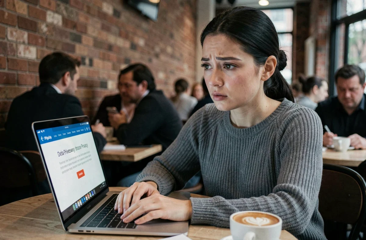 Femme inquiète face à une alerte de confidentialité sur son ordinateur portable dans un café