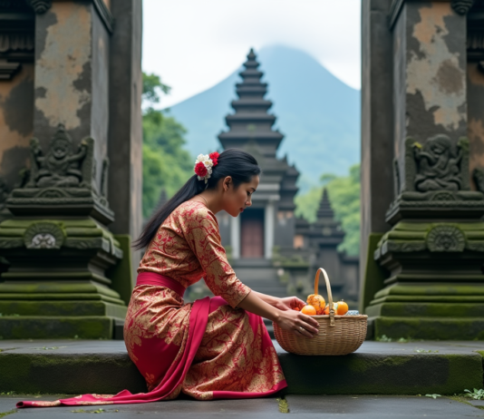 Découvrez le temple de Besakih, majestueux sanctuaire balinais Femme balinaise en kebaya déposant une offrande au temple