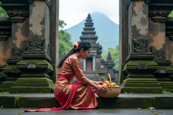 femme-balinaise-offrande-temple Femme balinaise en kebaya déposant une offrande au temple