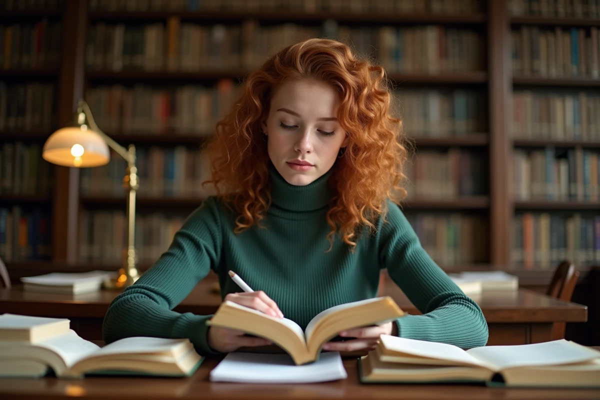 Jeune femme consultant un dictionnaire des synonymes à la bibliothèque pour trouver un équivalent au mot mantra