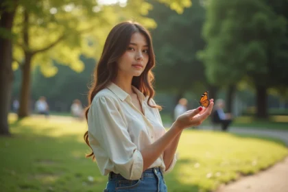 Jeune femme avec papillon dans un parc en été