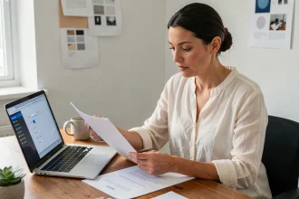 Femme consultant des fichiers imprimés A4 et les paramètres de résolution sur un ordinateur portable dans un bureau moderne