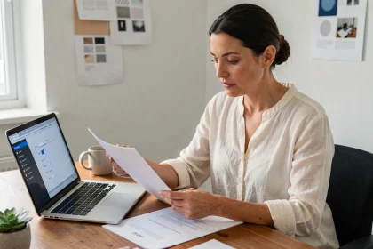Femme consultant des fichiers imprimés A4 et les paramètres de résolution sur un ordinateur portable dans un bureau moderne