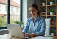 Femme souriante au bureau vérifiant ses emails