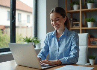 Mail d’Akeonet, description générale d’un service de messagerie proposé aux abonnés Femme souriante au bureau vérifiant ses emails