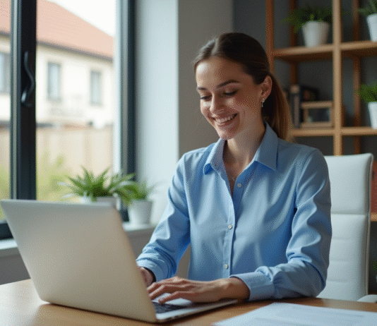 Mail d’Akeonet, description générale d’un service de messagerie proposé aux abonnés Femme souriante au bureau vérifiant ses emails