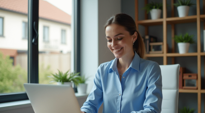 Femme souriante au bureau vérifiant ses emails