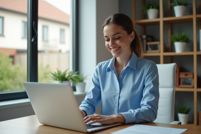 Femme souriante au bureau vérifiant ses emails