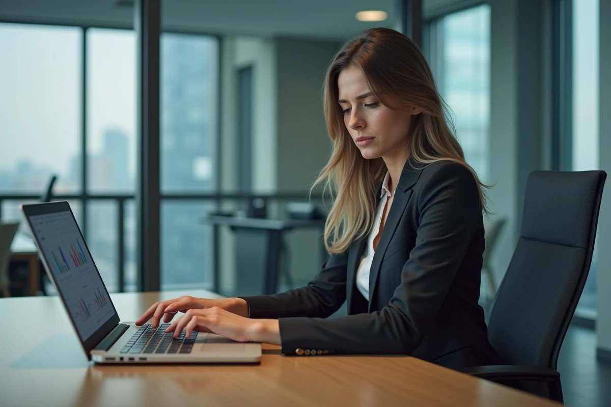Jeune femme au bureau face à deux laptops en pleine réflexion