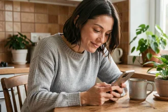 Femme souriante jouant à Cemantix sur son smartphone dans une cuisine chaleureuse, illustrant le plaisir du jeu de mots même face à la difficulté