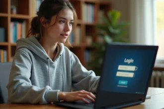 Jeune femme choisissant entre un compte et le mode invité sur un écran de jeu en ligne depuis son bureau