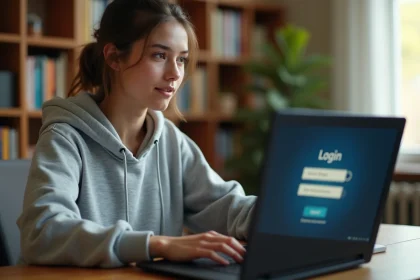 Jeune femme choisissant entre un compte et le mode invité sur un écran de jeu en ligne depuis son bureau