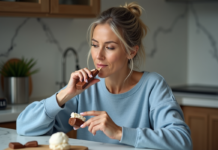 Calories du Magnum : une gourmandise à quel prix ? Femme en cuisine examine un bâtonnet glacé avec anticipation