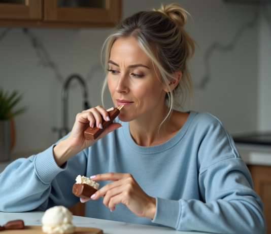 Calories du Magnum : une gourmandise à quel prix ? Femme en cuisine examine un bâtonnet glacé avec anticipation