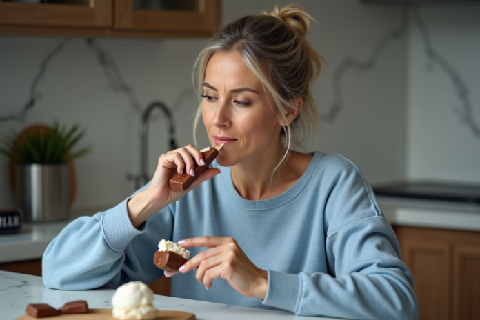 femme-glace-anticipation Femme en cuisine examine un bâtonnet glacé avec anticipation