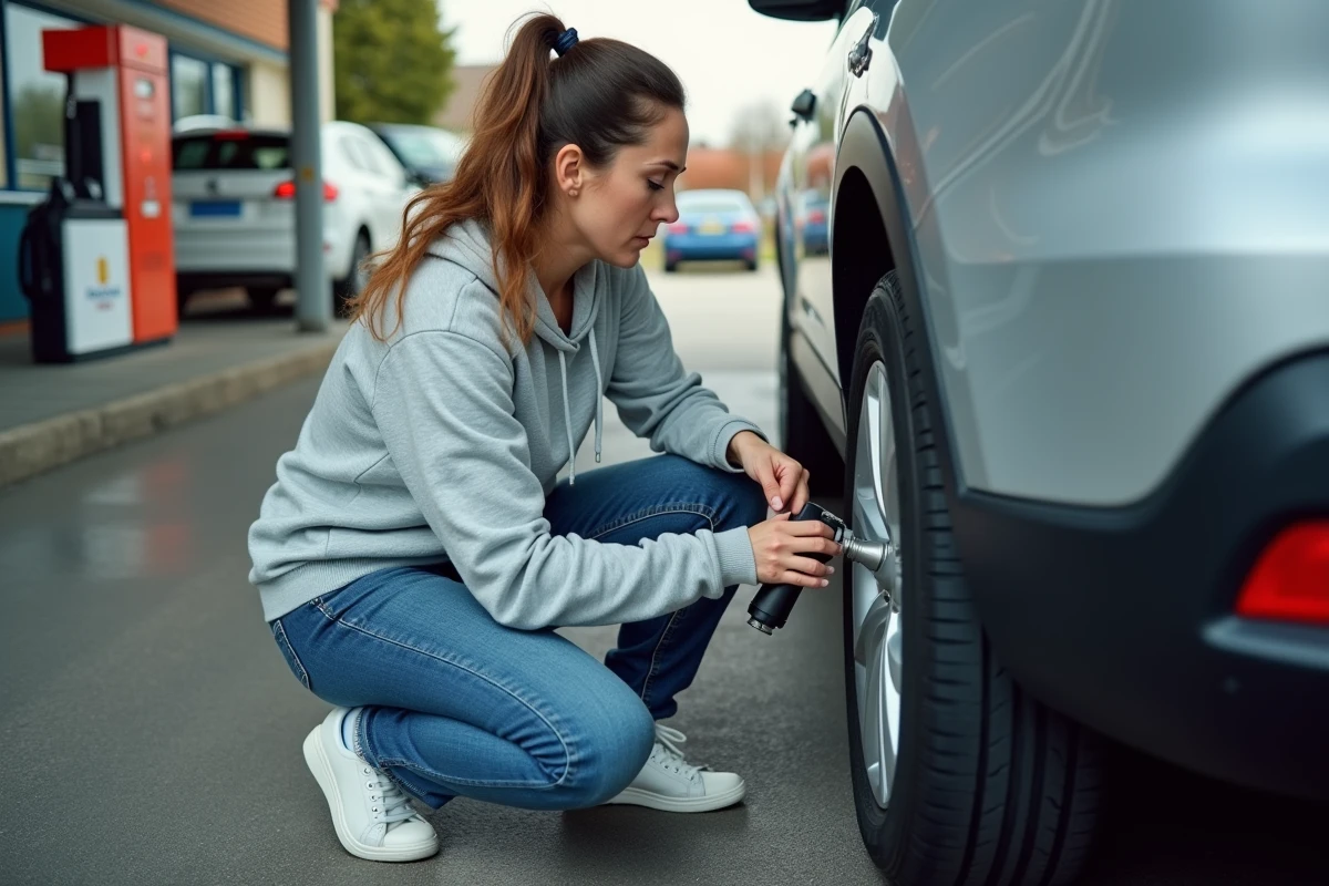 Femme gonflant un pneu de SUV à une station-service avec un gonfleur portable affichant la pression en bar et psi