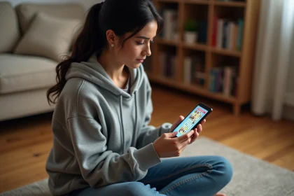 Femme jouant au jeu 4 Images 1 Mot sur smartphone, cherchant la solution en 6 lettres