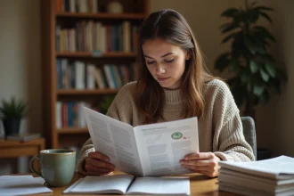 Femme concentrée lisant un hebdomadaire imprimé avec des notes manuscrites dans les marges, assise à un bureau en bois dans un bureau à domicile