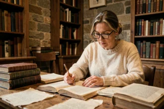 Femme lisant un roman historique sur le Moyen Âge dans une bibliothèque aux murs en pierre, entourée de livres anciens à reliure en cuir