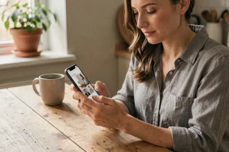 Femme consultant le magazine Niodle sur mobile dans un cadre domestique, protection des données personnelles