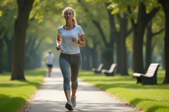 Femme d'âge moyen marche dans un parc verdoyant