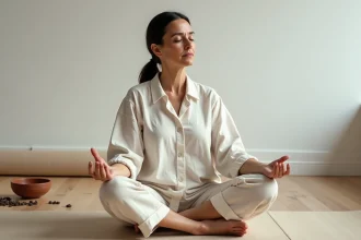 Femme en méditation récitant un mantra dans une pièce minimaliste, assise en tailleur sur un plancher en bois