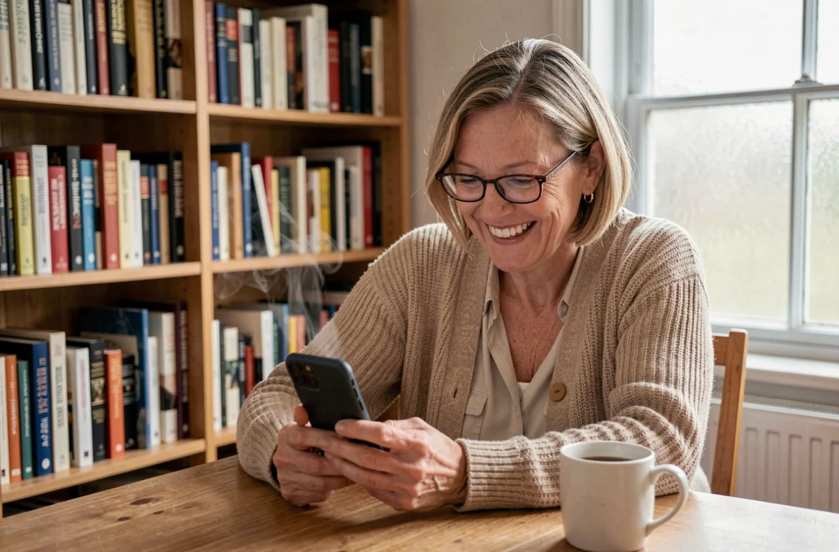 Femme souriante lisant un message drôle d'anniversaire sur son téléphone dans un bureau cosy