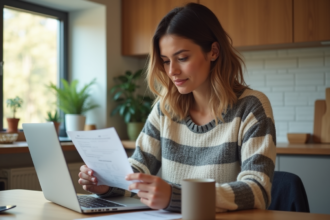 Femme en cuisine vérifiant une facture et tapant sur son ordinateur