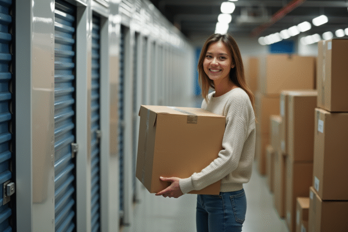 Jeune femme organisant des cartons dans un selfstorage