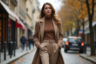 Femme élégante marchant dans une rue parisienne automnale
