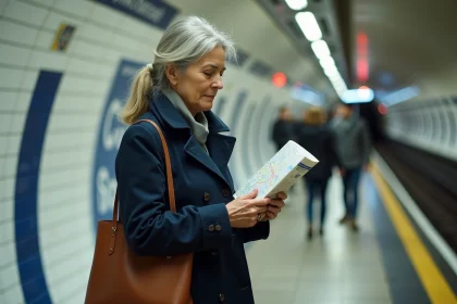 Femme consultant le plan de la ligne 10 du métro parisien sur le quai d'une station rive gauche