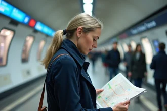 Femme consultant le plan de la ligne 14 du métro parisien sur un quai moderne et épuré