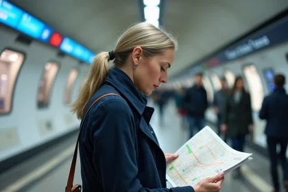 Femme consultant le plan de la ligne 14 du métro parisien sur un quai moderne et épuré