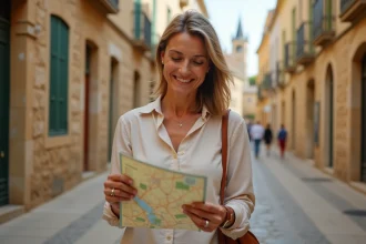 Femme consultant un plan de Narbonne centre ville dans une rue pavée historique avec cathédrale en arrière-plan